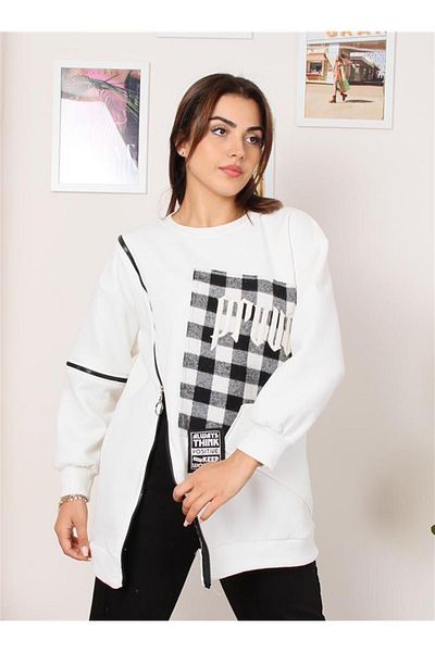 Settimo -Lsk Bottom Top Set White Crew Neck Embroidery Detailed Plaid Tunic