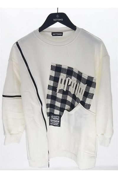 Settimo -Lsk Bottom Top Set White Crew Neck Embroidery Detailed Plaid Tunic