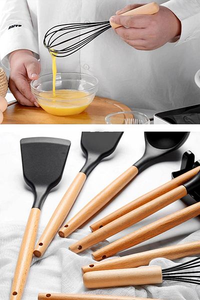 morponi 8 Piece Black Serving Set with Silicone Tongs (new Fine Tongs Set)