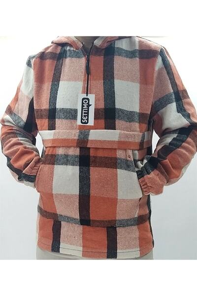 Settimo Turuncu Kanguru Cepli Ve Kapüşonlu Kareli Oduncu Gömlek