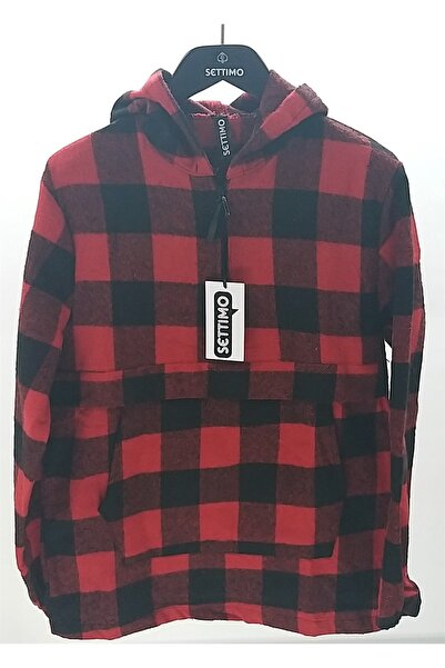 Settimo Kırmızı Kanguru Cepli Ve Kapüşonlu Kareli Oduncu Gömlek