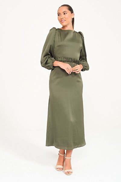 SpringStore Haki Uzun Balon Kol Midi Boy Abiye