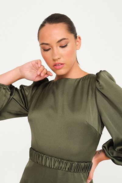 SpringStore Haki Uzun Balon Kol Midi Boy Abiye