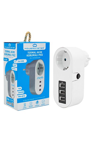 Powermaster Pm-4913 3 Usbli Tekli Termal Akım Korumalı Priz (10a-2500w)