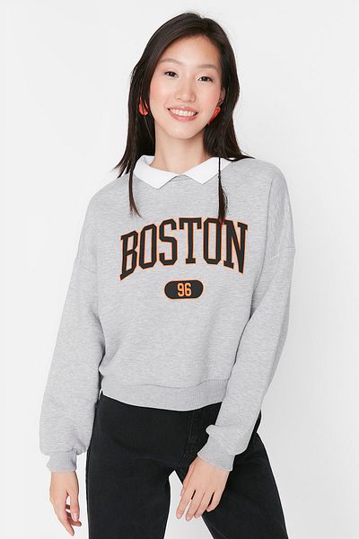 Trendyol Collection Šedá pletená mikina Boyfriend Silný fleece uvnitř TWOSS21SW0171