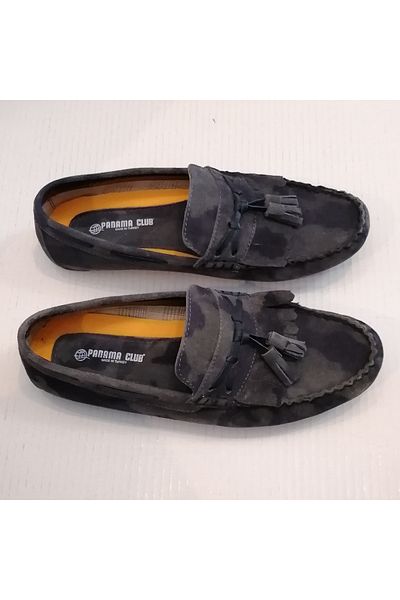 PANAMA CLUB Unisex Genuine Suede Gray Navy Blue Camouflage Tasseled Soft Rubber Sole Loafer with Pompom