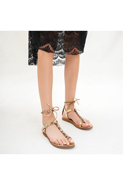 BodrumSandals El Yapımı Hakiki Deri Gold Kadın Bodrum Sandaleti - B2001