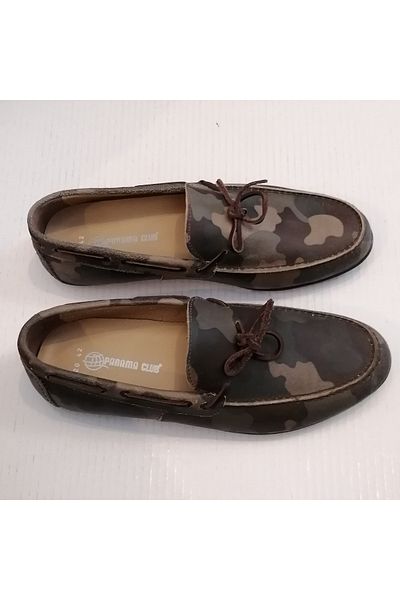 PANAMA CLUB Unisex Genuine Leather Khaki Brown Beige Camouflage Piping Soft Rubber Sole Loafer