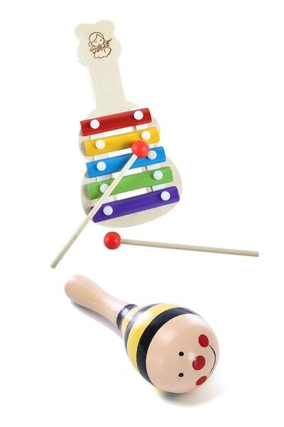 AyasEğiticiOyuncak 5 Notalı Ahşap Ksilofon Ve Ahşap Marakas Seti Ahşap Oyunca...