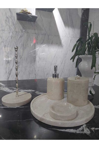 Sümeyra Marble Art Σετ μπάνιου από φυσικό μπεζ μάρμαρο |   5 τεμ |   Ασημί |