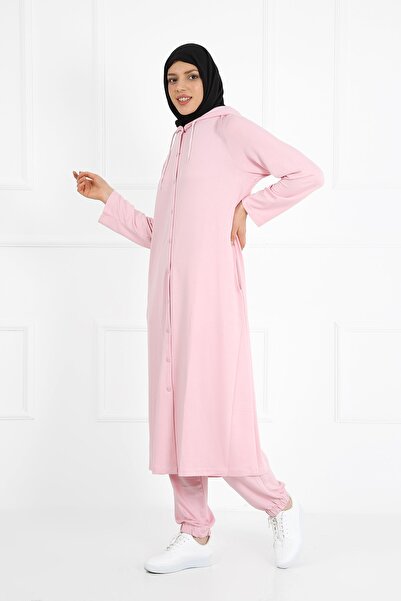 VISHENKA Women's Two Thread Pink Color Hooded Pocket Snap Closure Plus Size Hijab Suit