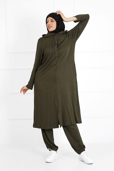 VISHENKA Women's Two Thread Khaki Color Hooded Pocket Snap Closure Plus Size Hijab Suit