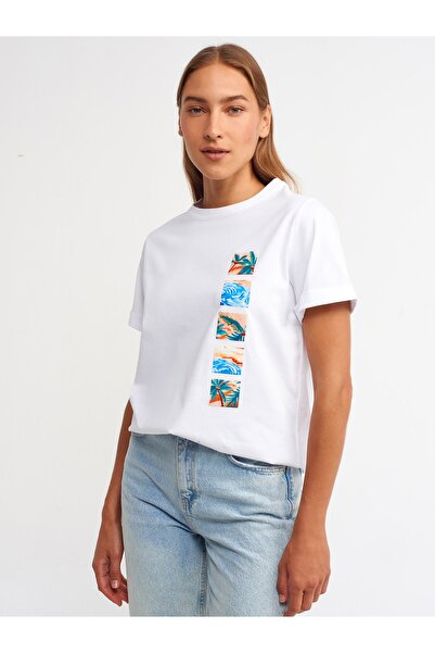 Dilvin 30144 Τυπωμένο Basic T-shirt-λευκό