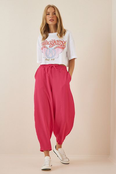 Happiness İstanbul Damskie ciemnoróżowe lniane spodnie Shalwar CI00036
