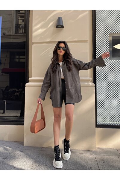 OOTD Kadın Keten Tunik Kahve Gömlek