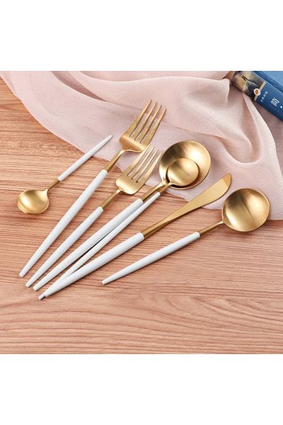 DMR LİFE 84 Piece White Matte Gold Fork Spoon Knife Set