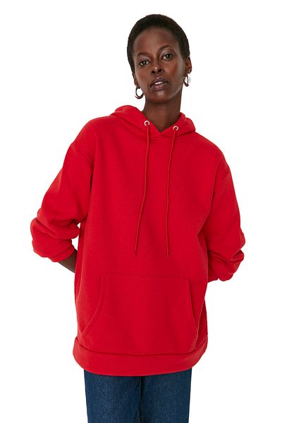 Trendyol Collection Piros vastag belső polár kenguru zsebes kapucnis Boyfriend kötött pulóver TWOAW20SW0525