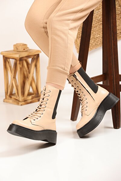 Ayax Bej Yüksek Taban Lastikli Fermuarlı Kadın Bot