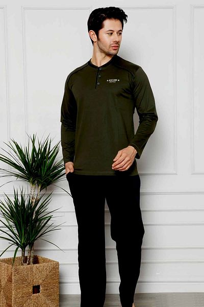 ALİMER Green Embroidered 3 Buttoned Men's Pajama Set with Pockets 1129uy