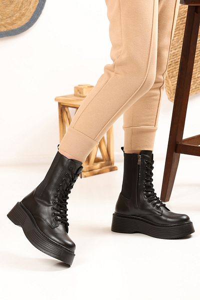 Ayax Cizme negre pentru femei cu fermoar elastic cu fundul înalt