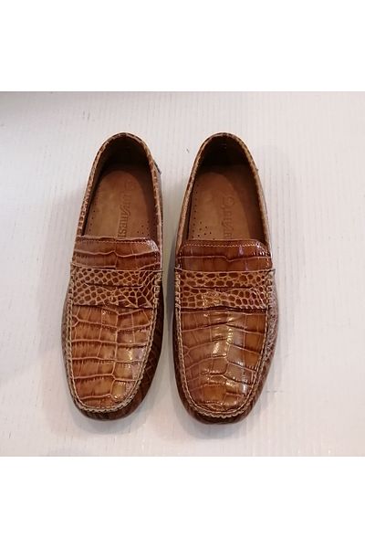 D By Divarese Unisex Genuine Leather Crocodile Print Tan Shiny Banded Soft Crampon Flexible Sole Loafer