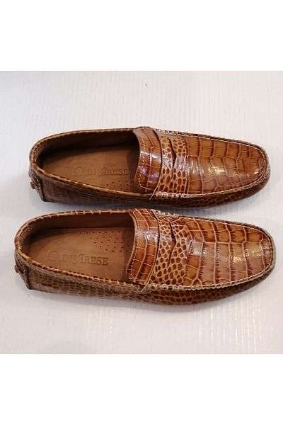 D By Divarese Unisex Genuine Leather Crocodile Print Tan Shiny Banded Soft Crampon Flexible Sole Loafer