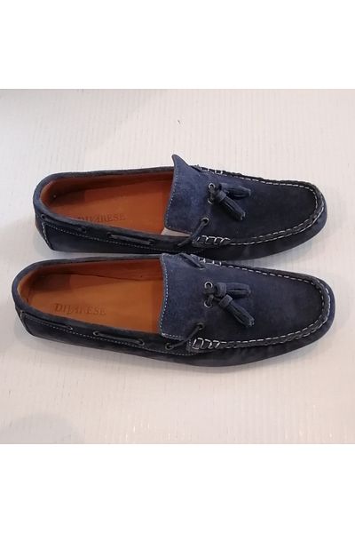 D By Divarese Unisex Genuine Leather Suede Navy Blue Pompom Soft Stitched Folding Snap Sole Loafer