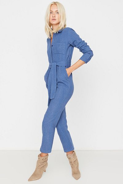 Trendyol Collection Navy Blue Belted Woven Long Shirt Collar Jumpsuit TWOAW23TU00015
