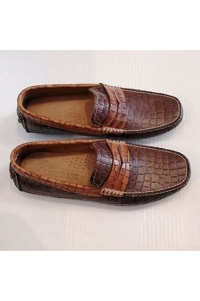 D By Divarese Unisex Genuine Leather Crocodile Print Brown Tan Combination Banded Soft Crampon Sole Loafer