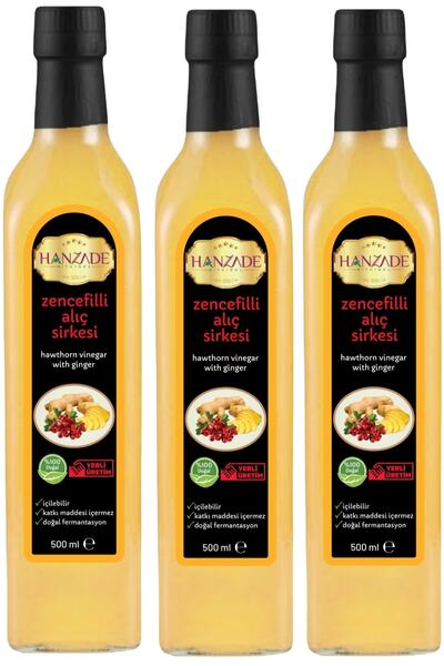 Hanzade Bitkisel Zencefilli Alıç Sirkesi 500 ml X 3 Adet Katkısız Hawthorn Vi...