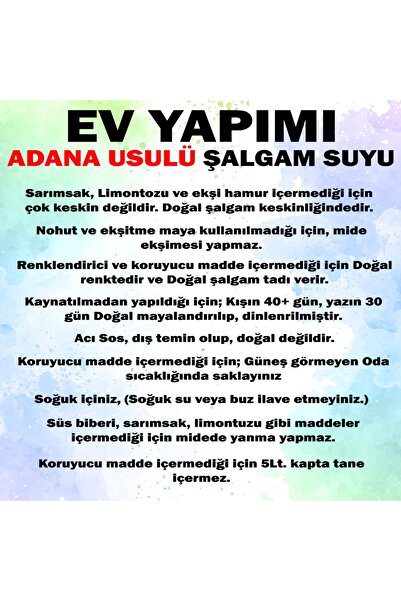 Q1 ŞALGAM Organik Ev Yapımı Adana Usulü Şalgam Suyu 5 l