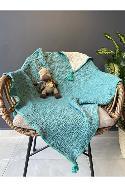 YASEMİNİNEVİ Turkuaz-ekru Müslin Bebek Örtüsü