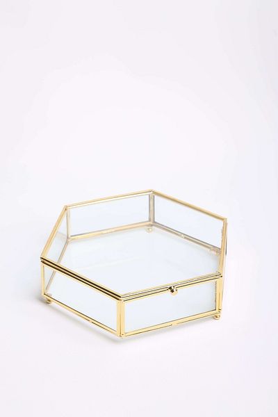 CyzHome Hexagonal Glass Metal Framed Presentation Holder with Chain Lid Promise Engagement Chocolate Candy and Jewelry Box 25 Cm