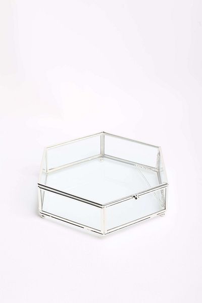 CyzHome Hexagonal Glass Metal Framed Presentation Holder with Chain Lid Promise Engagement Chocolate Candy and Jewelry Box 25 Cm