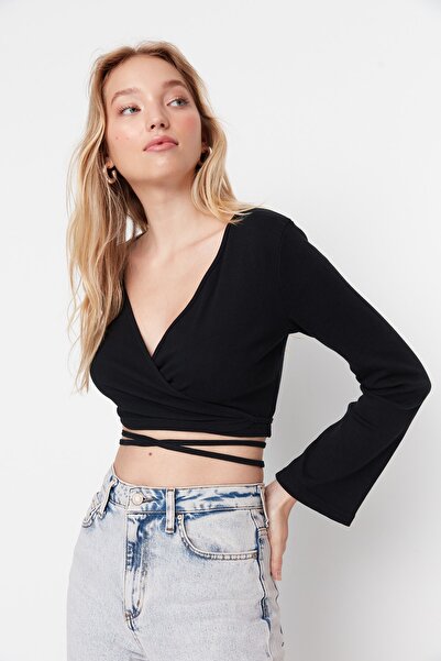 Trendyol Collection Μαύρη με ραβδώσεις εφαρμοστή μακρυμάνικη μπλούζα με διπλό στήθος Crop βαμβακερή πλεκτή μπλούζα TWOAW21BZ1140