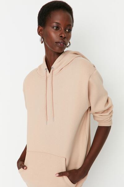 Trendyol Collection Бежов дебел полар от вътрешната страна на кенгуру джоб с качулка Boyfriend/широк плетен суичър TWOAW20SW0525