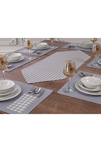 Tropikhome 6'lı Gri Supla Takımı Amerikan Servis Supla Ve Runner Seti 6 Kişil...