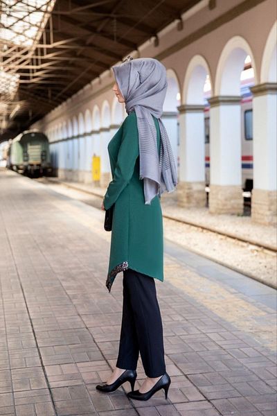 Ahunur Green Double Women's Set - Aslim Tunic and Trousers