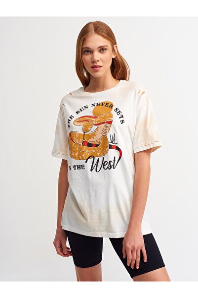 Dilvin Дамска тениска с щампа в цвят екрю 3671