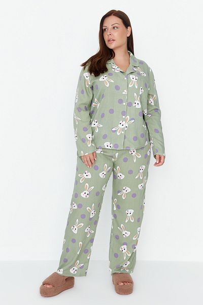 Trendyol Curve Mint Rabbit Printed Woven Pajama Set