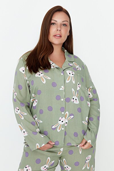 Trendyol Curve Menta Nyúl nyomott szőtt pizsama készlet
