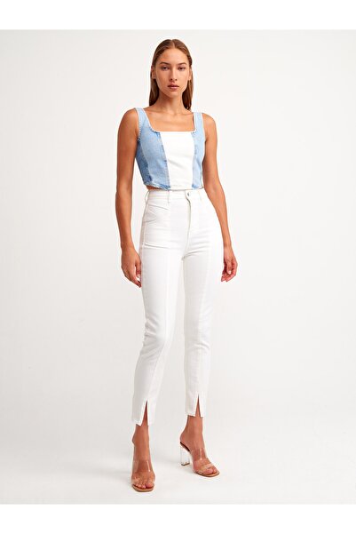 Dilvin 4336 Γυναικείο λευκό βαμβακερό παντελόνι ραμμένο μπροστά