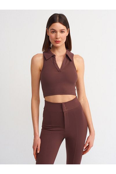 Dilvin 3699 Polo Neck Crop Top-σκούρο καφέ