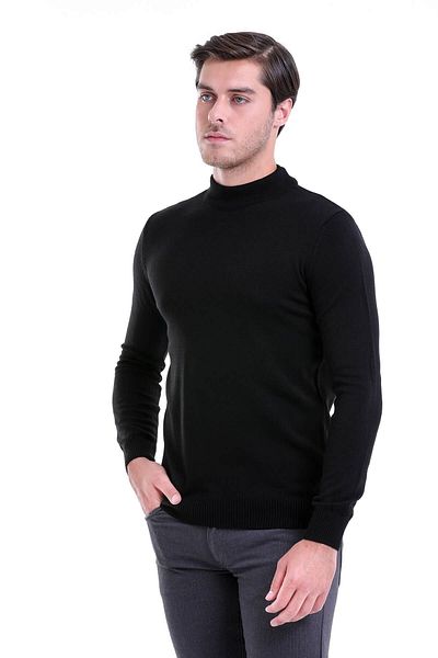 Hatemoğlu Men's Black Regular Fit Plain Half Turtleneck Knitwear Sweater