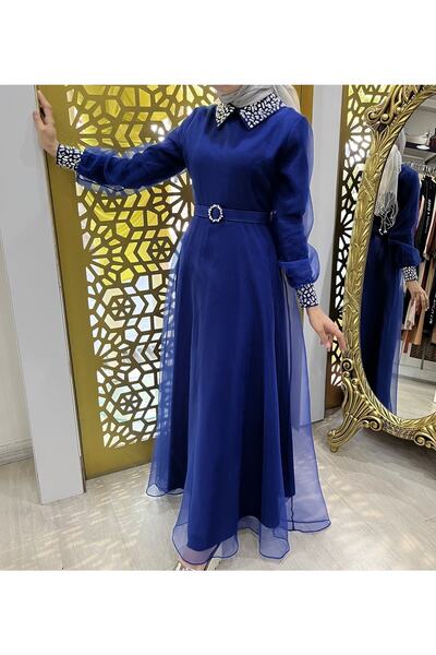 Melissa Kadın Mavi Organze Yakası Taşlı Abiye