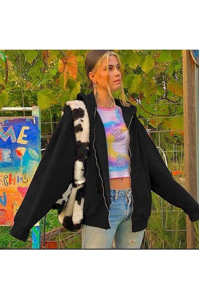 Gofeel Unisex Oversize Hooded Black Cardigan - Εποχιακό με φερμουάρ