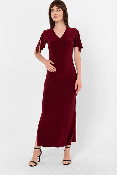 Laranor Burgundy Slit Sleeve Detail V Neck Slit Dress
