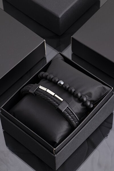 Sortie Aksesuar Metal Detaylı Siyah Hakiki Deri Ve Hematit Doğal Taş Erkek Ko...