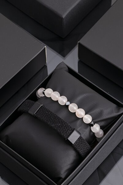 Sortie Aksesuar Black Genuine Leather and Hematite Natural Stone Men's Combin...