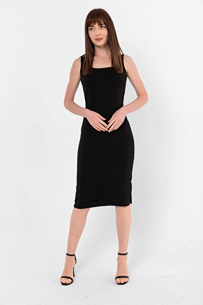 Laranor Rochie creponată creion neagră cu decolteu în U